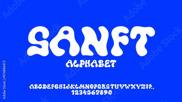 Fototapeta Bubble font. Typescript with liquid effect. Y2K alphabet. Wavy groovy letters and numbers. Curvy hand drawn typeface with soft forms. Modern rounded ABC font