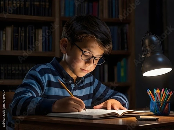 Fototapeta a boy is studying at his study table in his room at night
