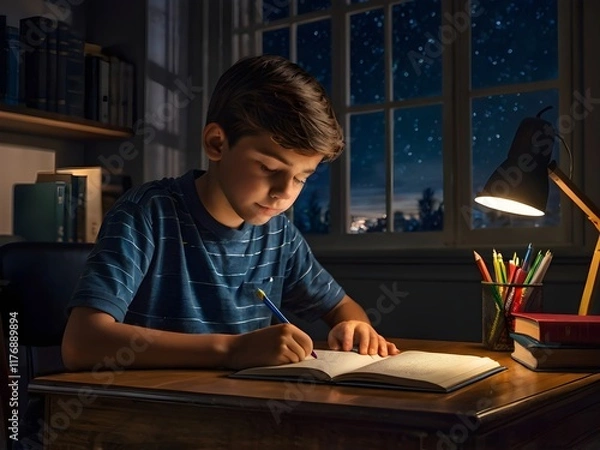 Fototapeta a boy is studying at his study table in his room at night