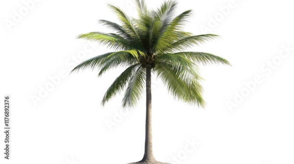 Fototapeta Tropical Paradise: A single coconut palm tree stands tall and proud, its lush green fronds reaching towards the sky, a symbol of serenity and escape. 