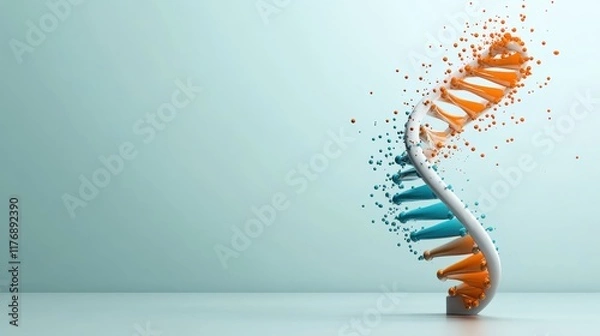 Obraz This abstract image features a stylized DNA helix in orange and blue hues with dynamic particles, symbolizing life, science, and genetic complexity in a modern artistic flair.