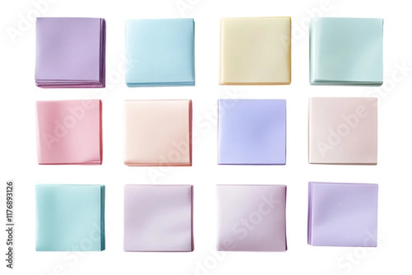 Fototapeta Colorful collection of assorted paper notes arranged in a grid display showcasing pastel hues and smooth textures