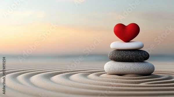Obraz A stack of smooth stones in concentric circles rests atop sand, crowned by a red heart, embodying balance, love, and tranquility against a serene backdrop.