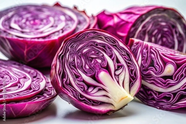 Fototapeta Freshly Harvested Red Pointed Cabbage Slices on White Background - Vibrant Produce Photography
