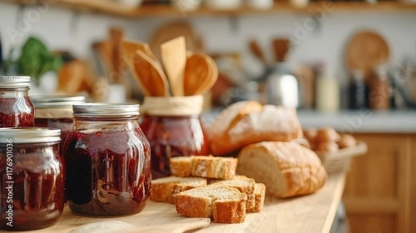 Fototapeta Food sharing with neighborhood concept. Jars of jam with sliced bread in a cozy kitchen setting.