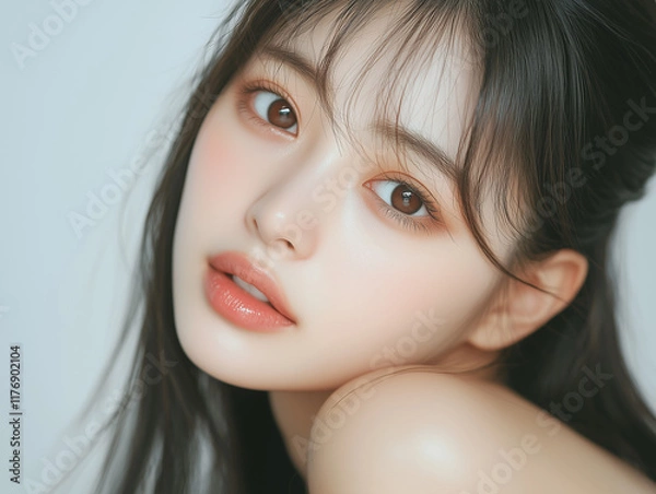 Fototapeta 美肌の若くて可愛いアジア女性モデルの美容ポートレート。ナチュラルなメイクをしている美女。