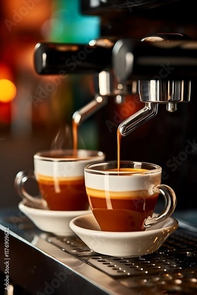 Fototapeta Two espresso cups being filled from a coffee machine.