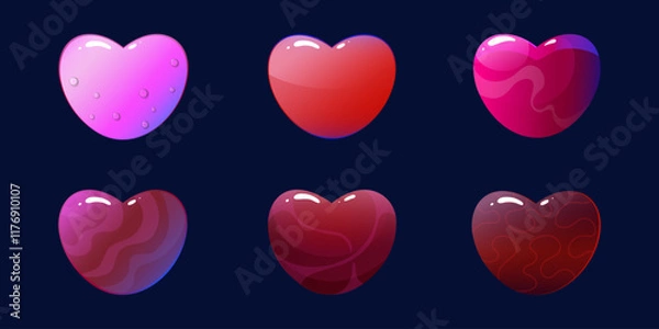 Fototapeta Set of six colorful glossy hearts with various textures and effects, bright details and gradients on a dark blue background. Perfect for card design, festive printing, web decor, and themed projects