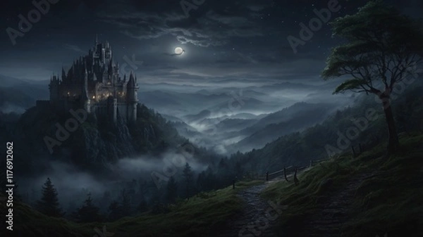 Fototapeta Dark, Enchanted Castle Standing at the Edge of a Jagged Cliff with a Pale Moonlight Background