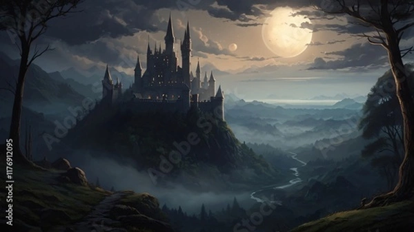 Fototapeta Dark, Enchanted Castle Standing at the Edge of a Jagged Cliff with a Pale Moonlight Background