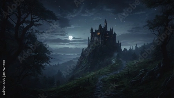 Fototapeta Dark, Enchanted Castle Standing at the Edge of a Jagged Cliff with a Pale Moonlight Background