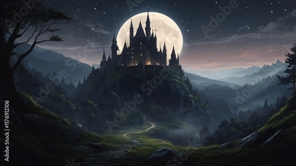 Fototapeta Dark, Enchanted Castle Standing at the Edge of a Jagged Cliff with a Pale Moonlight Background