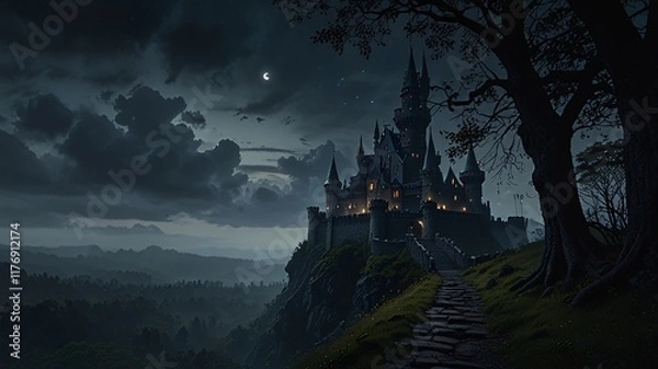 Fototapeta Dark, Enchanted Castle Standing at the Edge of a Jagged Cliff with a Pale Moonlight Background