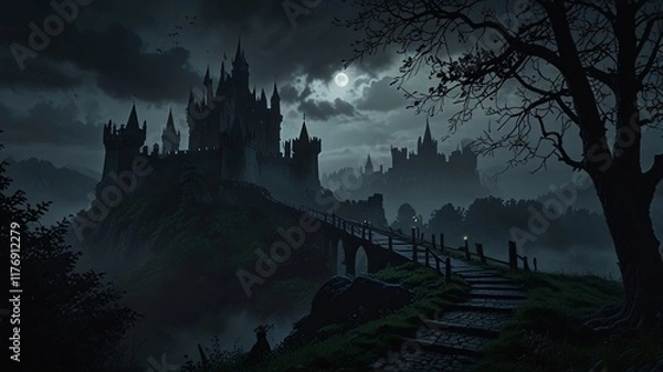 Fototapeta Dark, Enchanted Castle Standing at the Edge of a Jagged Cliff with a Pale Moonlight Background