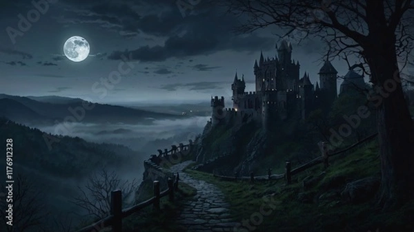 Fototapeta Dark, Enchanted Castle Standing at the Edge of a Jagged Cliff with a Pale Moonlight Background