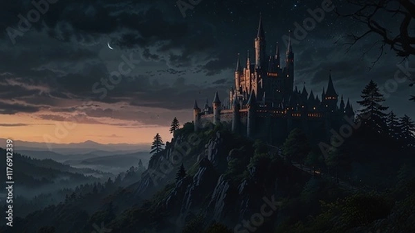 Fototapeta Dark, Enchanted Castle Standing at the Edge of a Jagged Cliff with a Pale Moonlight Background