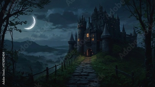 Fototapeta Dark, Enchanted Castle Standing at the Edge of a Jagged Cliff with a Pale Moonlight Background