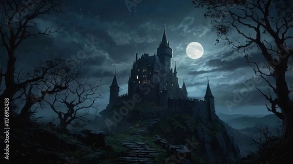 Fototapeta Dark, Enchanted Castle Standing at the Edge of a Jagged Cliff with a Pale Moonlight Background