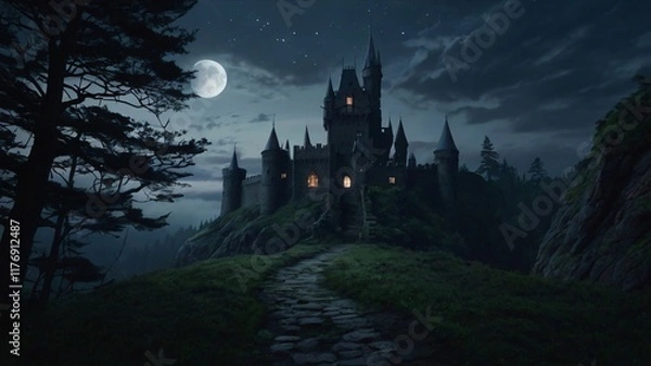 Fototapeta Dark, Enchanted Castle Standing at the Edge of a Jagged Cliff with a Pale Moonlight Background