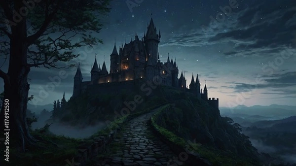 Fototapeta Dark, Enchanted Castle Standing at the Edge of a Jagged Cliff with a Pale Moonlight Background