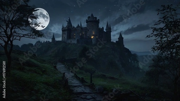 Fototapeta Dark, Enchanted Castle Standing at the Edge of a Jagged Cliff with a Pale Moonlight Background