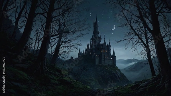 Fototapeta Dark, Enchanted Castle Standing at the Edge of a Jagged Cliff with a Pale Moonlight Background