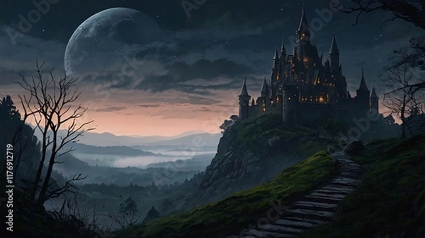 Fototapeta Dark, Enchanted Castle Standing at the Edge of a Jagged Cliff with a Pale Moonlight Background