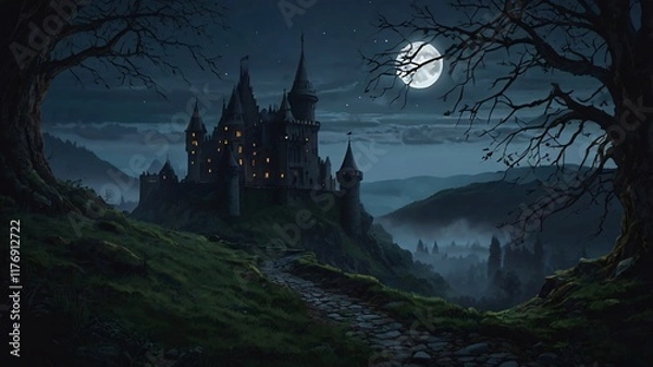 Fototapeta Dark, Enchanted Castle Standing at the Edge of a Jagged Cliff with a Pale Moonlight Background