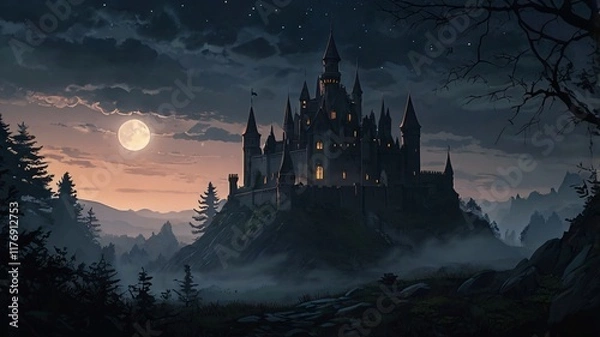 Fototapeta Dark, Enchanted Castle Standing at the Edge of a Jagged Cliff with a Pale Moonlight Background