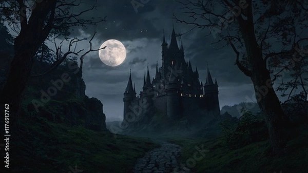 Fototapeta Dark, Enchanted Castle Standing at the Edge of a Jagged Cliff with a Pale Moonlight Background