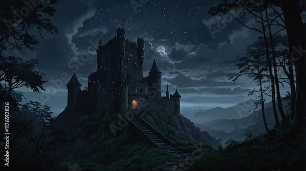 Fototapeta Dark, Enchanted Castle Standing at the Edge of a Jagged Cliff with a Pale Moonlight Background