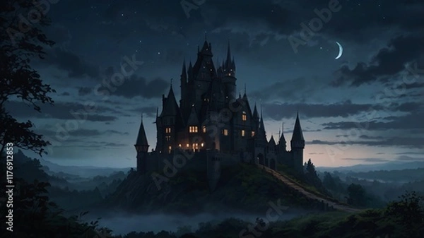 Fototapeta Dark, Enchanted Castle Standing at the Edge of a Jagged Cliff with a Pale Moonlight Background