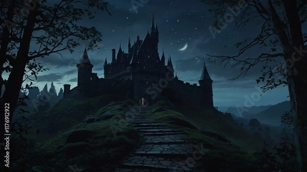 Fototapeta Dark, Enchanted Castle Standing at the Edge of a Jagged Cliff with a Pale Moonlight Background