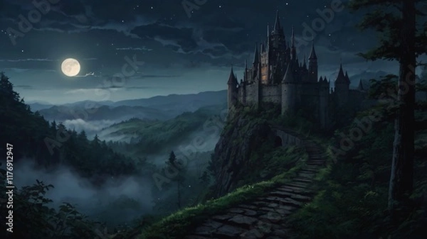 Fototapeta Dark, Enchanted Castle Standing at the Edge of a Jagged Cliff with a Pale Moonlight Background
