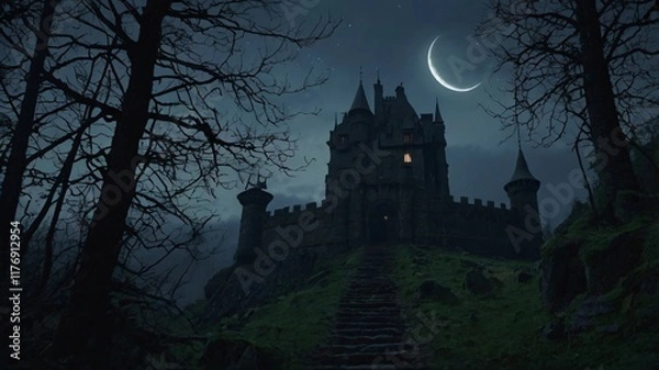 Fototapeta Dark, Enchanted Castle Standing at the Edge of a Jagged Cliff with a Pale Moonlight Background