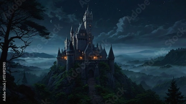 Fototapeta Dark, Enchanted Castle Standing at the Edge of a Jagged Cliff with a Pale Moonlight Background