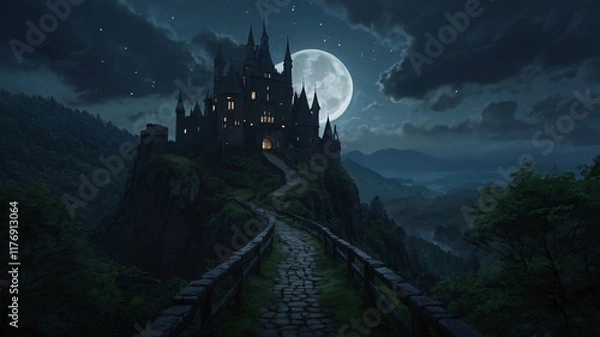 Fototapeta Dark, Enchanted Castle Standing at the Edge of a Jagged Cliff with a Pale Moonlight Background