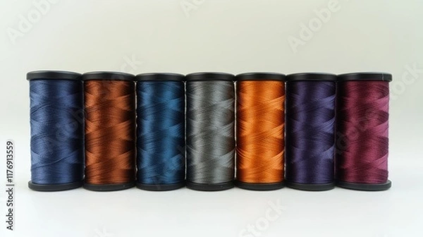 Fototapeta Contemporary thread spool display with sage green, burnt orange, sky blue, plum purple threads, layered composition, soft natural lighting, elegant bokeh effect, crisp white backdrop