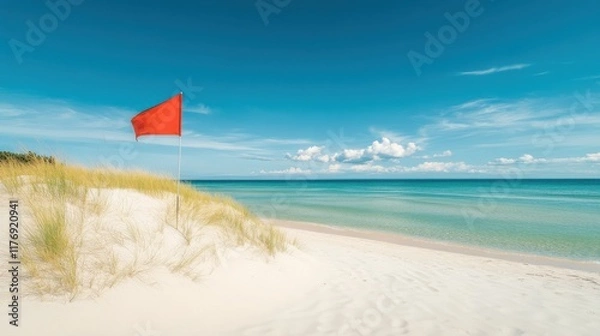 Fototapeta A red flag on a sandy beach with clear blue water and a bright sky. The scene is peaceful and evokes a sense of summer vacation. The red flag indicates a warning or cautionary message.