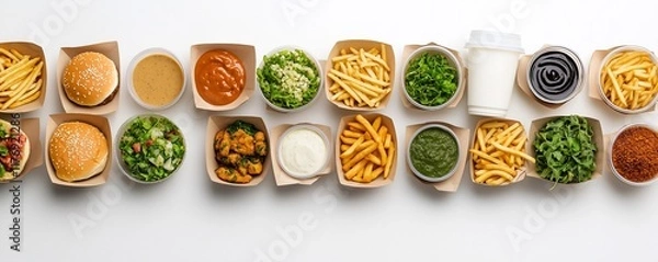 Fototapeta Delicious fast food with hamburger, fries and drink and sauces on a minimalistic white background