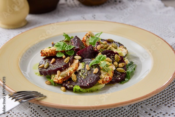 Fototapeta Gourmet Roasted Beet Salad with Cheese and Pine Nuts Vibrant Colors and Elegant Composition