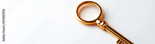 Fototapeta A vintage golden key lies on a clean white surface, symbolizing opportunity, unlocking potential, and access to new beginnings.