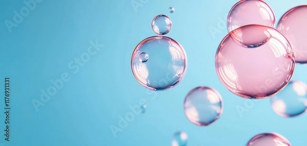 Fototapeta Colorful translucent soap bubbles floating against a bright blue background ideal for playful, dreamy, or clean-themed designs