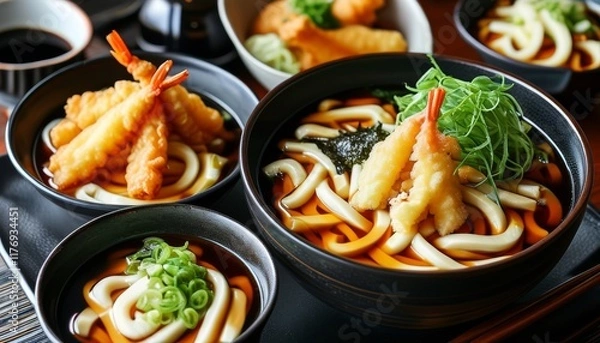 Fototapeta Hot Udon Noodle Soup with Shrimp Tempura in Elegant Asian Dining Setting