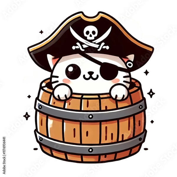 Fototapeta Cartoon-style illustration of an adorable pirate theme with a clean transparent background, capturing a playful and whimsical nautical vibe for fans of pirates, cats, and minimalist designs