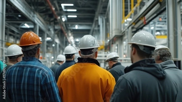 Obraz Group of workers in protective helmets observing manufacturing process in modern industrial facility during safety training session in factory environment