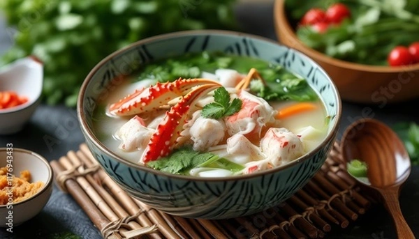 Fototapeta Vietnamese Crab Soup Bun Rieu with Fresh Vegetables and Spices in a Bowl