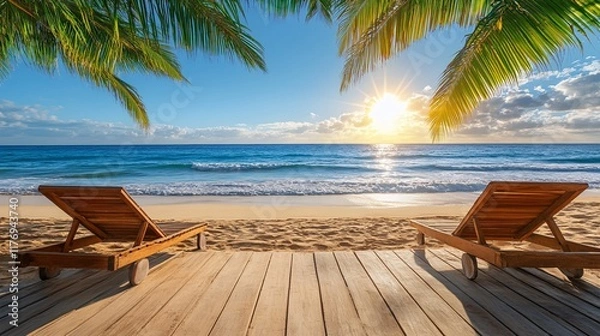 Fototapeta Relaxing beach chairs facing a vibrant sunset over the ocean waves in a tropical setting
