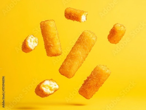 Fototapeta Floating Crispy Mozzarella Sticks Against Bold Yellow Background