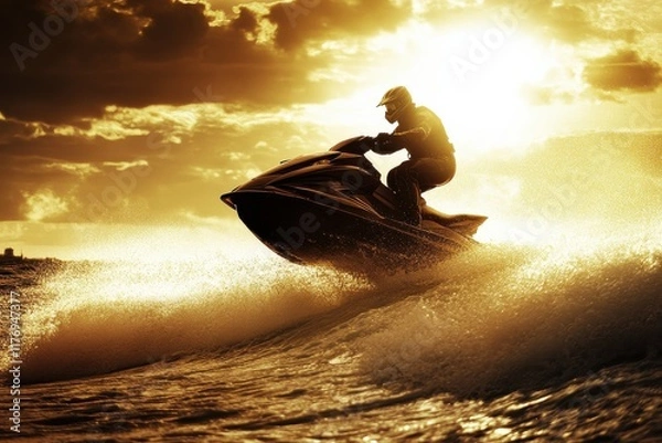 Fototapeta Dynamic Jetski Performer Launching into the Air Over Waves Under Brilliant Sunlight with Horizon Line in View